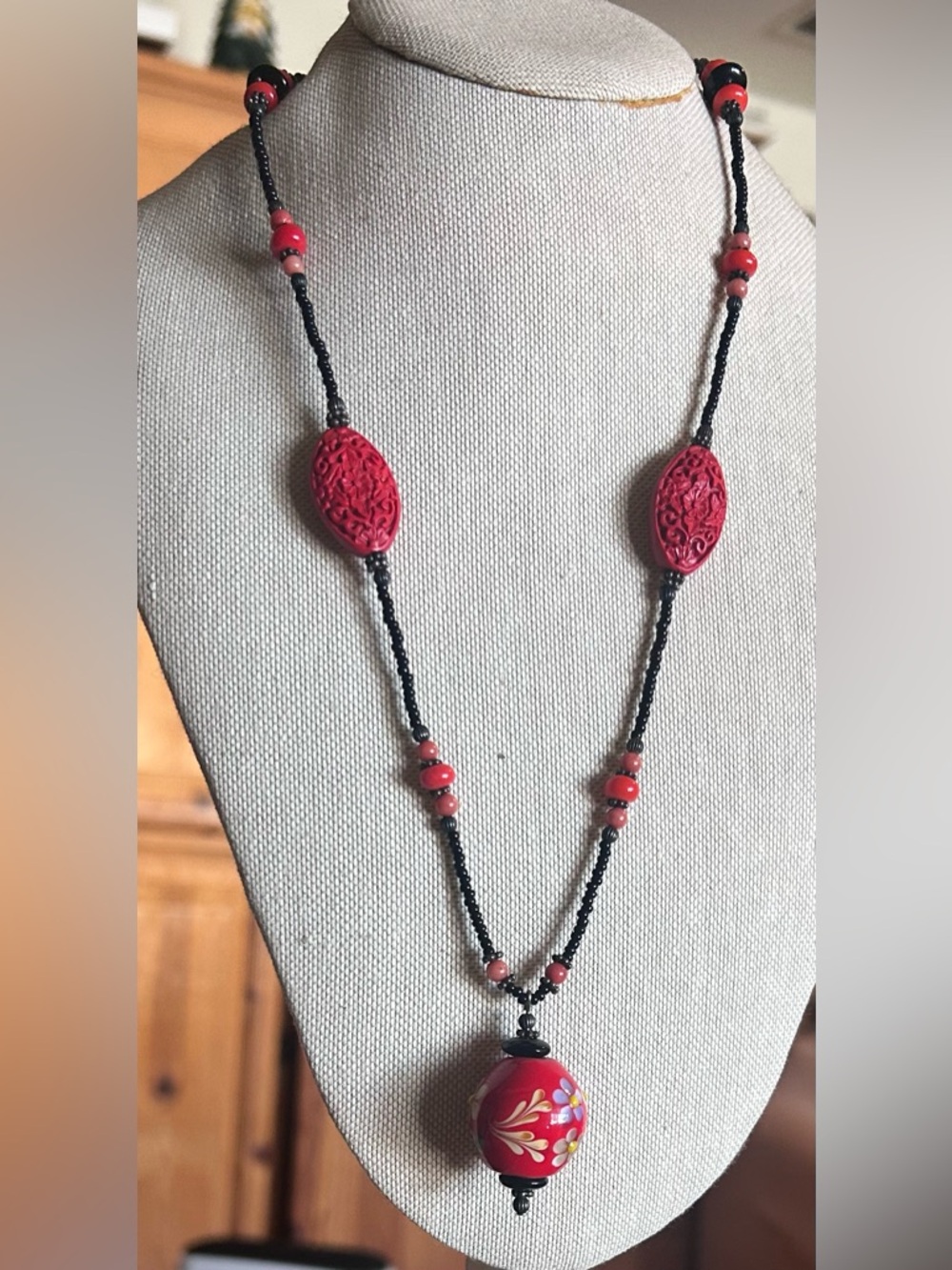 Cloisonné and Faux Cinnabar Bead Necklace